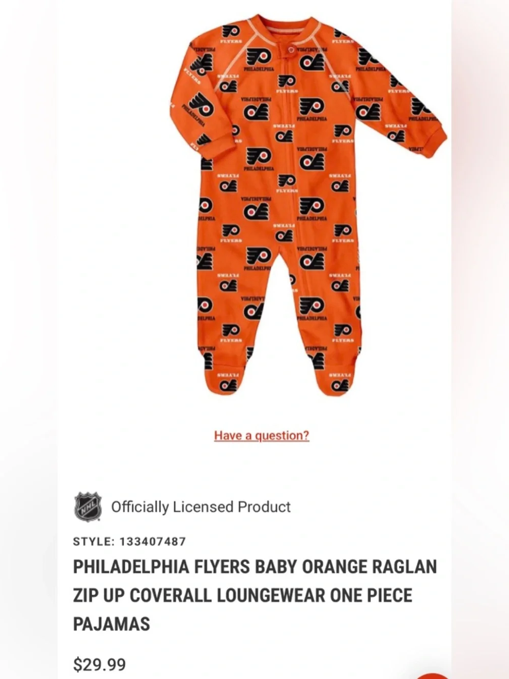 NHL Philadelphia Flyers Orange Kids One-Piece Footie